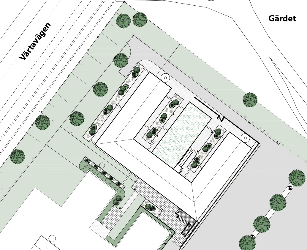 En situationsplan över det område där Annex 2 vid Tre Vapen i Stockholm ska byggas. 